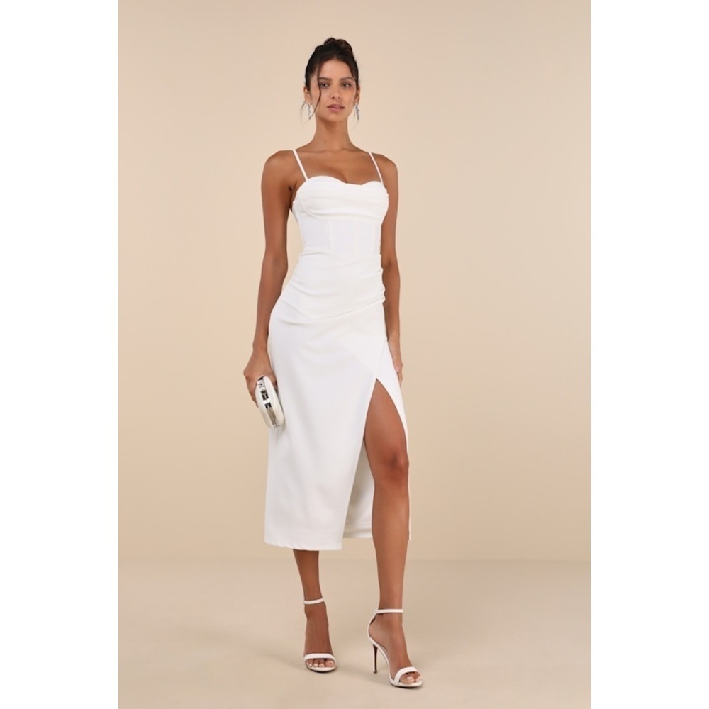 Lulus Always Turning Heads White Bustier Tulip Midi Dress - Size L